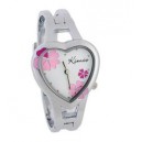 Stylowy zegarek z tarczą w kształcie serca i kwiatami z bransoletą (biało różowy)